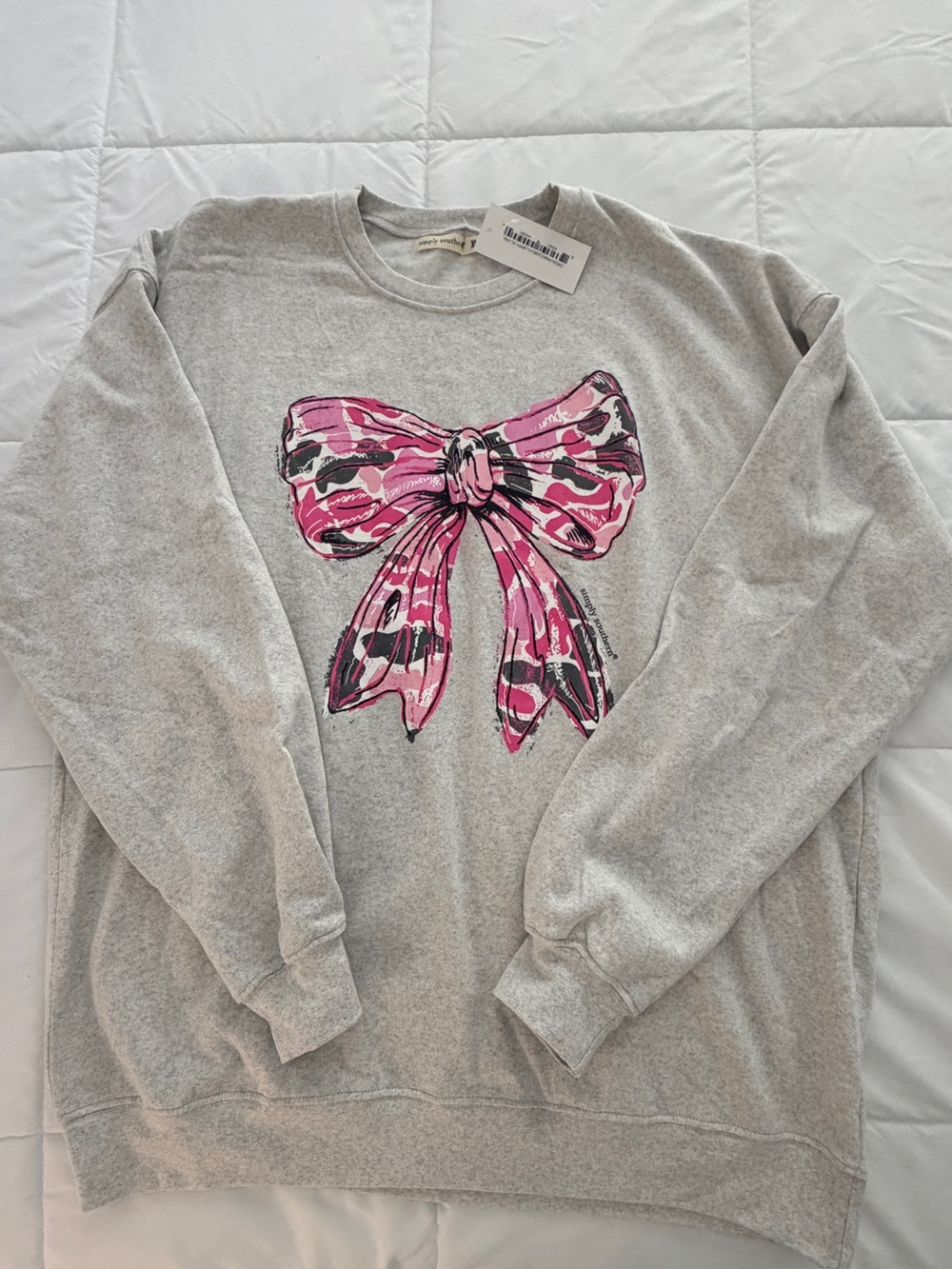 Simply Southern Gray Crewneck Sweatshirt with Pink Bow Graphic